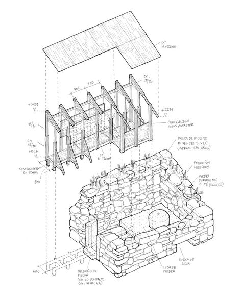 Gallery of Intervention on a Stone Ruin / CESUGA School of Architecture + Sebastian Erazo + Stefano Pugliese - 33 Architect Portfolio Design, Ruins Architecture, Architect Sketchbook, Architecture Drawing Presentation, Architecture Portfolio Layout, Architectural Representation, Architecture Drawing Sketchbooks, Renovation Architecture, Galicia Spain