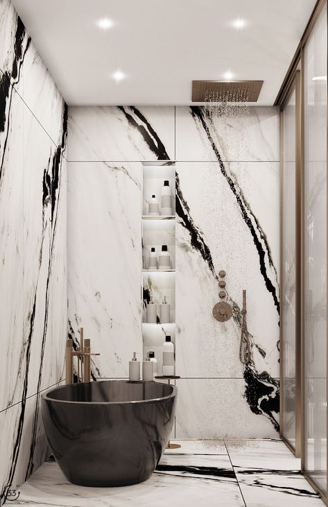 Black And White Marble Bathroom, Black Marble Bathroom, Marble Bathroom Designs, Bathroom Niche, White Marble Bathrooms, Modern Luxury Bathroom, Luxury Marble, Stylish Interior, Bathroom Design Decor