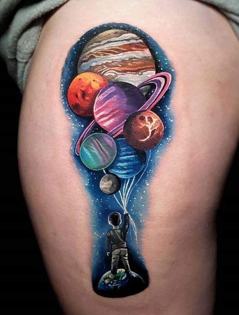 Balloon Planets Tattoo - Get an InkGet an Ink Planet Balloon Tattoo, Galaxy Planets Tattoo, Astronaut Holding Planet Balloons Tattoo, Color Planet Tattoo, Planets Tattoo Ideas, Colorful Space Tattoo, Planet Balloons Tattoo, Planets Tattoos, Planets Tattoo Design