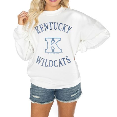 The Women's Gameday Couture White Kentucky Wildcats Good Vibes Premium Fleece Drop Shoulder Pullover Sweatshirt is the perfect way to show your support for the Kentucky Wildcats. Made from a soft and comfortable cotton and polyester blend, this sweatshirt features distressed screen print graphics that give it a vintage look. The midweight top is suitable for moderate temperatures, making it perfect for game days or any day you want to show your Wildcats pride. The pullover design makes it easy t Colorado School Of Mines, Cats Clothes, Depaul University, Gameday Couture, Kentucky Wildcats, Roll Tide, University Blue, Casual Chic Outfit, Team Sports