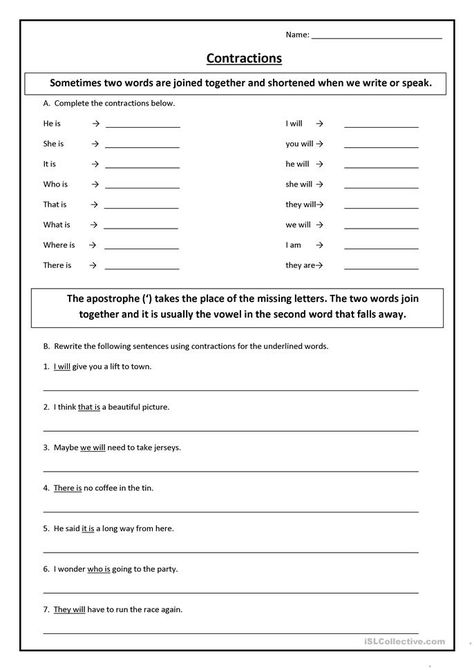 Contraction Words Worksheets, Contractions In English Grammar, Contractions Worksheets 1st Grade, Contractions Worksheet, Contractions Worksheets 2nd Grade, Contractions Worksheet 3rd Grade, Contractions Activities 2nd, Middle School Esl, Proportions Worksheet