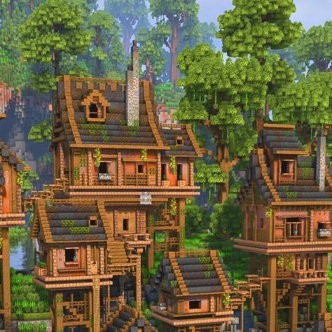 Jungle Mountain House Minecraft, Minecraft Building Ideas Jungle House, Jungle Pallete Color Minecraft, Minecraft Raised House, Jungle Theme Minecraft House, Jungle Kingdom Minecraft, Minecraft Treehouse Village, Acacia Village Ideas Minecraft, Jungle Houses Minecraft