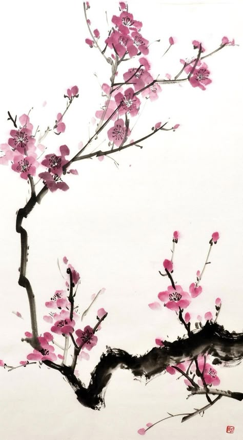 Asian Flowers, Cherry Blossom Painting, Japanese Watercolor, Chinese Art Painting, Japanese Drawings, Cherry Blossom Art, Blossom Tattoo, Cherry Blossom Tattoo, Asian Painting