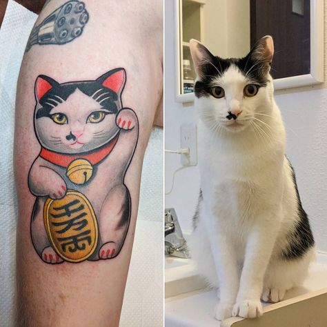 Lucky Cat Tattoo Traditional, Maneki Neko Tattoo Design, Japanese Lucky Cat Tattoo, Japanese Cat Tattoo, Maneki Neko Tattoo, Loki Tattoo, Lucky Cat Tattoo, Cat Portrait Tattoos, Vietnam Tattoo