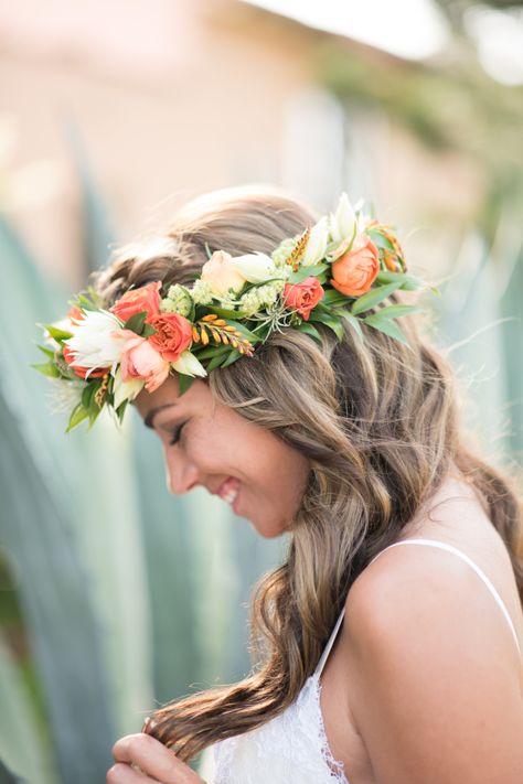 Tropical + Bohemian Florida Wedding Inspiration Gallery - Style Me Pretty Tropical Hair, Blue Flower Crown, Tropical Bohemian, Beach Wedding Decorations Reception, Flowers Crown, Flowers In Her Hair, Bridal Flower Crown, Maui Wedding, Natural Wedding Makeup