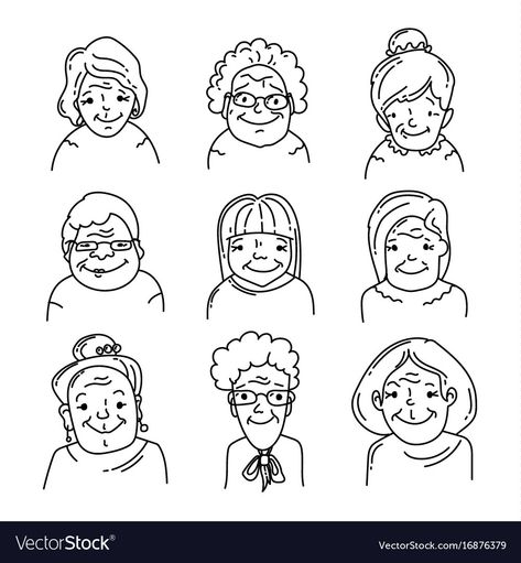 Doodle Grandma, Cute Grandma Drawing, Grandma Illustration, Face Expression Doodle, Cute Grandma Illustration, Grandmother Cartoon Images, Doodle Family Portrait, Hand Drawn Icons, Simple Logo