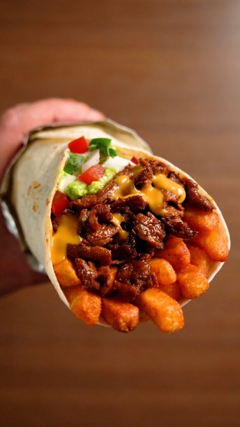 Vegan California Burrito - Thee Burger Dude Vegan Burrito Filling, Cheese Burger Burrito, Vegan Carne Asada, Mexican Burgers, French Tacos, California Burrito Recipe Carne Asada, Seasoned French Fries, Vegan California Burrito, Vegan Buffalo Sauce