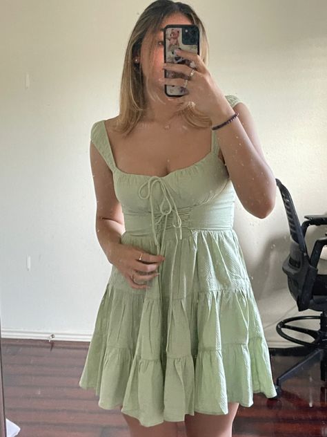 Sage Green Summer Outfits, Light Green Flowy Dress, Green Bday Outfit, Sage Green Dresses Short, Short Sage Green Dress, Sage Green Flowy Dress, Sage Green Dress Casual, Sage Green Dress Outfit, Sage Green Dress Short