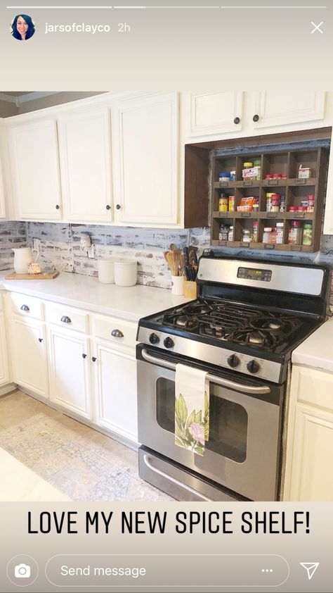 Over the stove spice rack. Inspo from @jarsofclayco on IG Behind The Stove Spice Rack, Spice Rack Ideas Over Stove, Spice Rack Above Stove Diy, Over Stove Organization, Over The Oven Spice Rack, Over Stove Spice Rack Diy, Above Stove Spice Shelf, Over The Stove Storage, Spice Organization Above Stove