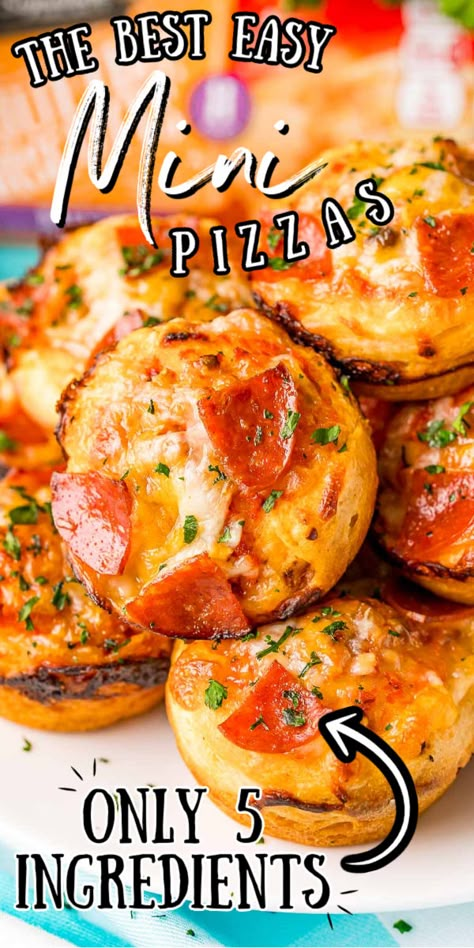 Mini Pizzas are made with just 5 ingredients: canned biscuits, pizza sauce, pepperoni, cheese, and spices, and are ready in less than 20 minutes! They’re baked in a muffin tin, and since they’re individually made, everyone in the family can top their own! via @sugarandsoulco Recipes With Mini Pepperoni, Biscuits Pepperoni Cheese Basil, Mini Pizza Recipes Homemade, Pizza Cups With Biscuits, Pillsbury Biscuit Muffin Tin Recipes, Mini Pizza Bites Muffin Tins, Pizza Muffins Pillsbury Biscuits, Cupcake Pizza Recipe Muffin Tins, Pepperoni Muffin Cups