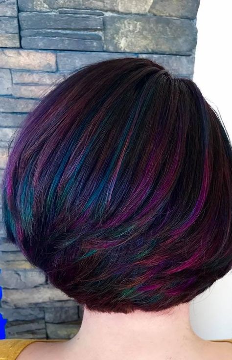 Fashion Hair Color Trends 2023, Short Oil Slick Hair, Oil Slick Hair Color Short, Short Hair Oil Slick, Oil Slick Hair Color Placement, Purple And Blue Oil Slick Hair, Purple And Teal Peekaboo Highlights, Peacock Hair Color, Oil Slick Hair Color