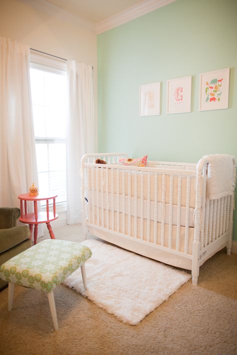 Nursery White Walls, Jenny Lind Crib, Girl Nursery Colors, Mint Paint, Coral Nursery, Aqua Walls, Mint Walls, Robins Nest