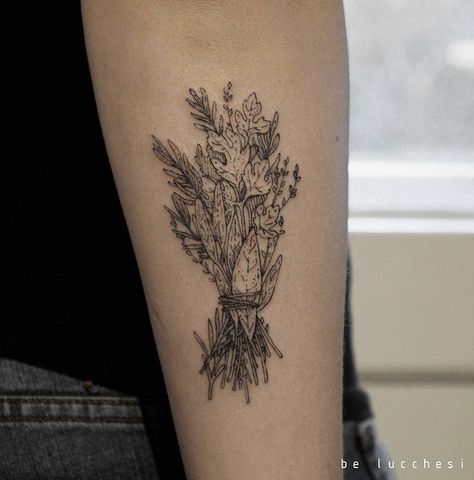 Bouquet Of Herbs Tattoo, Bouquet Of Herbs, Herb Bunch Tattoo, Fall Bouquet Tattoo, Herb Bouquet Tattoo, Bouquet Garni Tattoo, Dried Flower Bouquet Tattoo, Herb Bundle Tattoo, Culinary Tattoos For Women