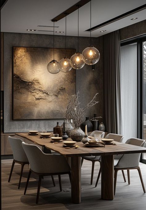 Beige And Brown Dining Room, Dining Room Entrance Of House, Organic Modern Dining Room Pendant Lights & Chandeliers, Dining Room With View, Stone Dining Room Table, Dining Room Ideas Modern Luxury, Dining Room Rustic Modern, Dinning Room Ideas Modern Minimalist, Modern Cozy Dining Room