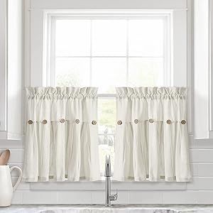 Lush Decor Linen Button Farmhouse Kitchen Tier Curtain Set, Pair, 29" W x 24" L, Off- White Dark Panels, Farmhouse Windows, Charming Kitchen, Tier Curtains, Lush Decor, Kitchen Window Treatments, Kitchen Curtain, Bathroom Windows, Cafe Curtains