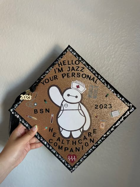 Funny Nurse Grad Caps, Earned Not Given Nurse Cap, College Grad Cap Ideas Nursing, Disney Nurse Graduation Cap, Baymax Graduation Cap, Healthcare Graduation Cap Ideas, Lpn Graduation Cap Ideas, Oncology Nurse Graduation Cap, Premed Graduation Cap