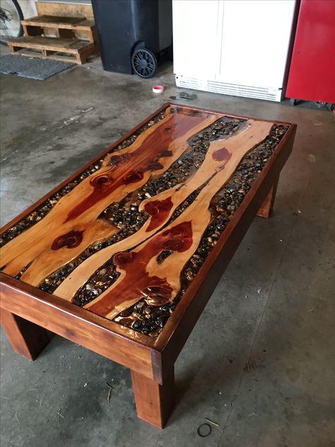 Custom Cedar wood coffee table with river rocks and epoxy!! River Rock Epoxy Table Diy, Epoxy River Table With Rocks, Diy Resin Coffee Table, Contemporary Coffee Table Design, River Tables Epoxy Coffee Tables, Cedar Epoxy River Table, Woodworking Coffee Table, Cedar Wood Projects, Cedar Table