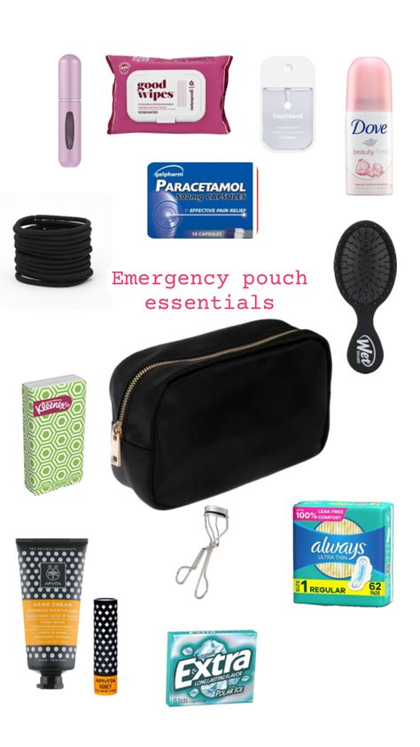 Everything you may need in case of an emergency! Pouch Essentials, Emergency Pouch, Dove Beauty, Essential Pouch, Wet Brush, Hand Cream, Pain Relief, Pouch