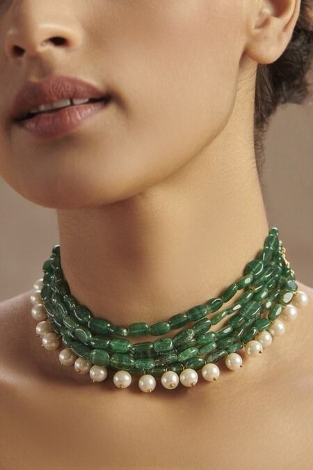 Buy Green Stones Layered Choker Necklace by Paisley Pop Online at Aza Fashions. Pearl Mala Designs, Kolhapuri Saaj, Green Pearl Necklace, Mala Designs, Beaded Wedding Jewelry, Choker Necklace Online, Pearl Mala, Bridal Diamond Necklace, Indian Wedding Jewelry Sets