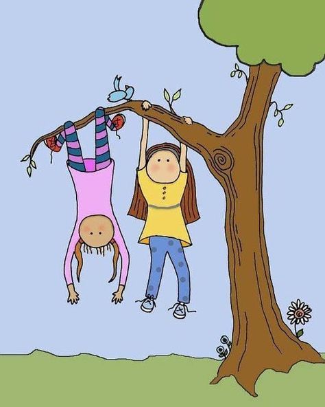 Climbing Art, Climbing Trees, Hanging Upside Down, Tree Climbing, Trees Art, Art Children, Stick Figure Drawing, Kids Print, Children's Rights