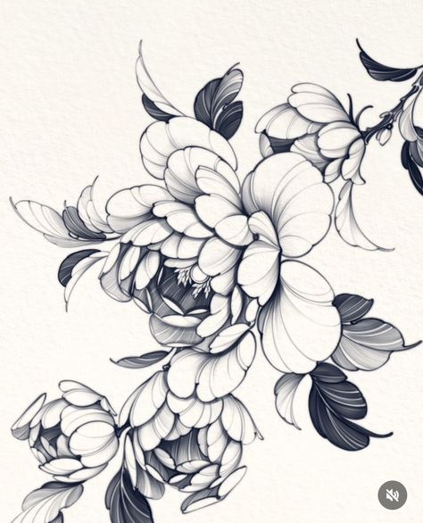 Fox And Flowers Drawing, Fineline Flowers, Peony Japanese, Japanese Peony Tattoo, Japanese Peony, Peony Flower Tattoos, Peony Drawing, Peony Illustration, Japanese Flower Tattoo