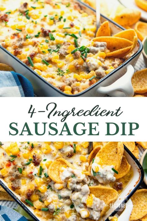 Just in time for football tailgates, watch parties, and holiday gatherings, this hot, cheesy, and easy 4-ingredient sausage dip with corn is the perfect appetizer! Appetizer With Sausage, Pork Sausage Dip, Ground Sausage Dip Recipes, Dips With Sausage, Corn And Sausage Dip, Easy Sausage Dip, Sausage Dips And Appetizers, Sausage Corn Dip, Corn Sausage Dip