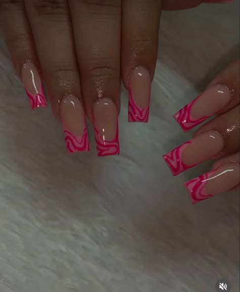 Pink Line Art Nails, Simple Pink Nail Set, Square French Tip Acrylic Nails Summer, Spring Nail Inspo Square, Square Nail Designs Pink, French Tip Designs Square, Nails Ideas Pink, Summa Nails, Ambre Nails