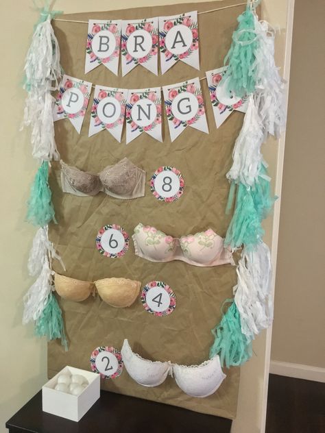 Bachelorette Pin The Junk On The Hunk, Bra Pong Board Diy, Top Surgery Party, Bach Games, Mastectomy Party, Bra Pong, Par Tea, Barbie Bridal, Diy Display