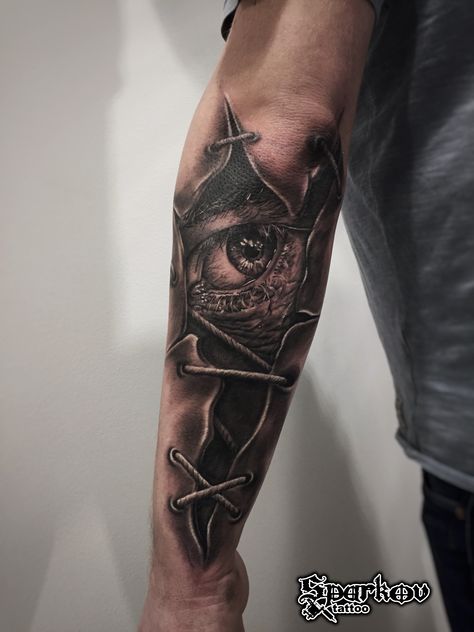 Horror Eye Tattoo, Ripped Skin Tattoo Design, Radiation Tattoo, Kneecap Tattoo, Ripped Skin Tattoo, Armour Tattoo, Lion Shoulder Tattoo, Ems Tattoos, Hanuman Tattoo