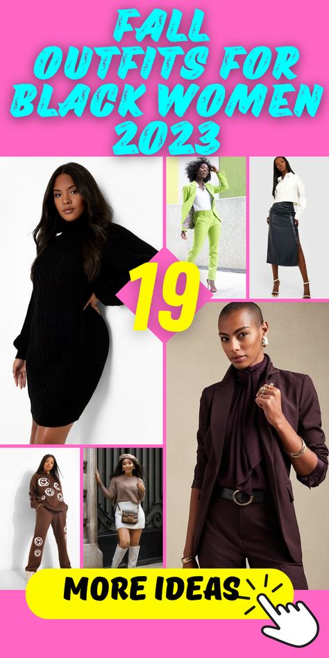 Fall Outfits for Black Women: Aesthetic and Versatile Styles Elevate your fall wardrobe with our collection of aesthetic and versatile outfits for black women. From business casual attire for the office to trendy ensembles for a night out, our outfits cater to different needs and preferences. Whether you're in your 30s, 40s, or over 50, our stylish options will make you look and feel fantastic. Don't forget to accessorize with hats and complete your look with confidence. Outfit Ideas For Black Women Over 40, Outfits For Black Women Over 50, Casual Night Out Outfit Black Women, Fall Outfits Women Black Woman Casual, Tall Black Women Fashion, Womens Casual Fall Outfits 2023, Fall Looks For Black Women 2023, Fall 2023 Business Casual, Fall Day Party Outfit Black Women