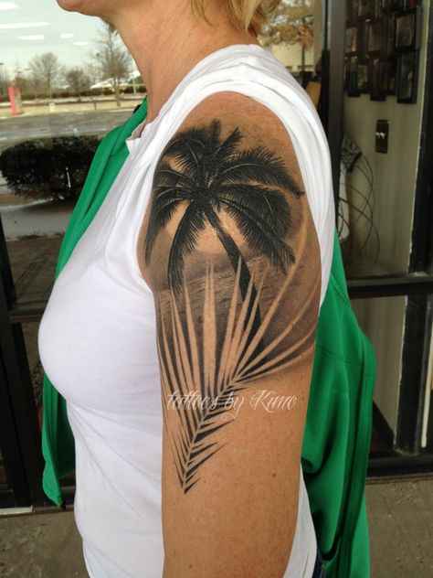 Palm tree tattoo by Kimo                                                                                                                                                                                 More Tropisches Tattoo, Tree Sleeve Tattoo, Tropical Tattoo, Catrina Tattoo, Palm Tattoos, Palm Tree Tattoo, Beach Tattoo, Geniale Tattoos, Tattoo Cover-up