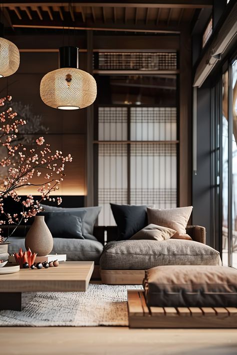 Industrial Japandi Interior Design, Japandi Industrial Interior, Japandi Industrial Living Room, Dark Japandi Living Room, Japandi Industrial, Japanese Home Office, Dark Japandi, Modern Japanese Architecture, Japandi Living Room