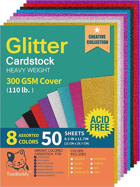 Amazon.com : Heavyweight Glitter Cardstock Paper - 110lb. / 300GSM - 50 Sheets A4 Colored Craft Card Stock for Craft Project, DIY, Gift Wrapping, Birthday Party Wedding Decorations, Scrapbooking, 8 Assorted Color : Arts, Crafts & Sewing Cardstock Paper Crafts, Gift Wrapping Birthday, How To Make Scrapbook, Memory Album, Craft Card, Diy Gift Wrapping, Color Crafts, Glitter Cardstock, Index Cards