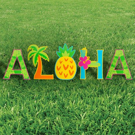 Create a quirky pictorial greeting to welcome guests to your luau or pool party! This Aloha sign cleverly incorporates a palm tree and a pineapple as the letters O and L. This whimsical summer party supply can be used again; just store the components flat in a dry area until your next tropical bash! Printed on one side only. Includes metal stakes. Plastic. (5 pcs. per unit) Each letter, 12" x 20" Simple assembly required. © OTC Luout Party Decorations, Backyard Luau Party Ideas Hawaiian Theme, Diy Beach Party Decorations, Luau Signs, Luau Party Ideas For Adults, Hawaiian Signs, Luau Sign, Hawaiian Party Decor, Aloha Party Decorations