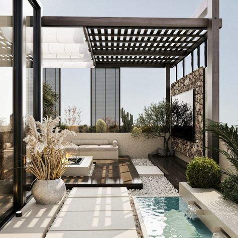 ROOFTOP DESIGN :: Behance Exterior Terrace Design, Rooftop Interior Design, Top Roof Garden Ideas, Industrial Rooftop Terrace, Terrace Pools Rooftops, Roof Garden With Pool, Pergola On Terrace, Rooftop Ideas House, Roof Garden Design Rooftop Terrace