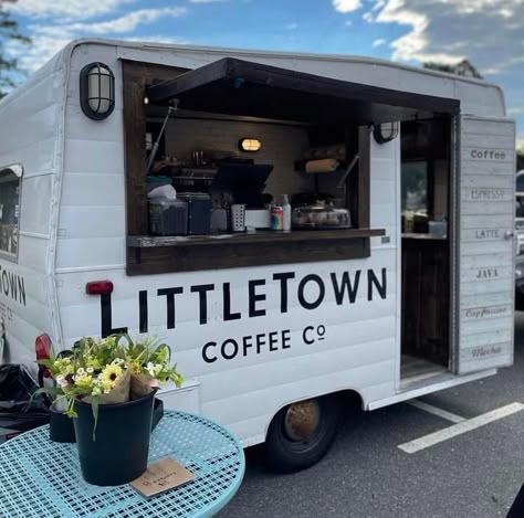 Coffee Shop On Wheels Ideas, Cargo Trailer Coffee Shop, Caravan Coffee Shop, Coffee Trailer Exterior, Coffee On Wheels, Camper Van Coffee Shop, Trailer Conversion To Food Truck, Coffee Shop On Wheels, Vintage Coffee Trailer