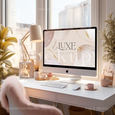 Enhance the presentation of your projects with our high-resolution macbook mockup - a perfect blend of rustic charm and minimalistic elegance. With a resolution of 300 dpi, our mockup ensures crystal-clear details and showcases your work in its best light ! ♡  ◦ ✤ ◦  ✧ instant digital download ✧ Upon purchase, you will receive a convenient PDF file that contains the link to download the complete set of files. This comprehensive package includes 2 file formats - JPG & PSD - providing flexibility and compatibility with various design software and printing options. ♡  ◦ ✤ ◦  ✧ term of use ✧ You can use this product to display your work on your websites, online shops, social media, or anywhere you need for your business.  Please note that this digital file is for personal and commercial use by Wfh Set Up, Pink Office Aesthetic, Classy Home Office, Feminine Home Office Classy, Mac Desk, Imac Mockup, Pink Office Decor, Home Office Desk Decor, Computer Mockup