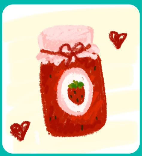 Strawberry Jam Drawing, Strawberry Doodle Aesthetic, Cute Strawberry Doodle, Cute Fruit Art, Strawberry Art Cute, Strawberry Cute Drawing, Strawberry Jam Aesthetic, Strawberry Drawing Cute, How To Draw A Strawberry