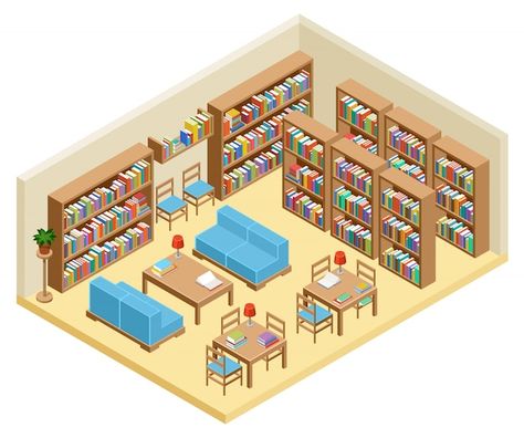 Isometric hall of library, book shelves | Premium Vector #Freepik #vector #bookcase #bookshelf #school-library #library School Library Design, Library Bookshelves, Library Art, Modern Library, School Interior, Cool Tree Houses, Book Cafe, Architecture Poster, Isometric Illustration