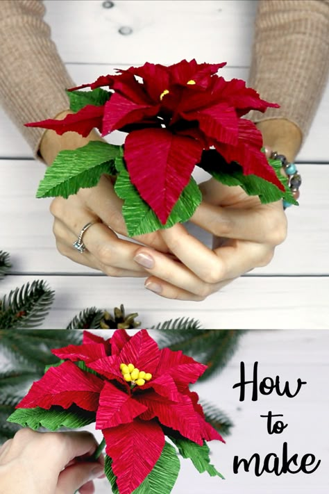 How To Make Pointsetta Flowers, Crepe Paper Poinsettia Flower Tutorial, Poinsettia Crepe Paper Flowers, Paper Ponsetia, Crepe Paper Poinsettia, Paper Pointsetia, Poinsettia Paper Flowers Template, How To Make Christmas Flowers, Poinsettia Centerpiece Diy