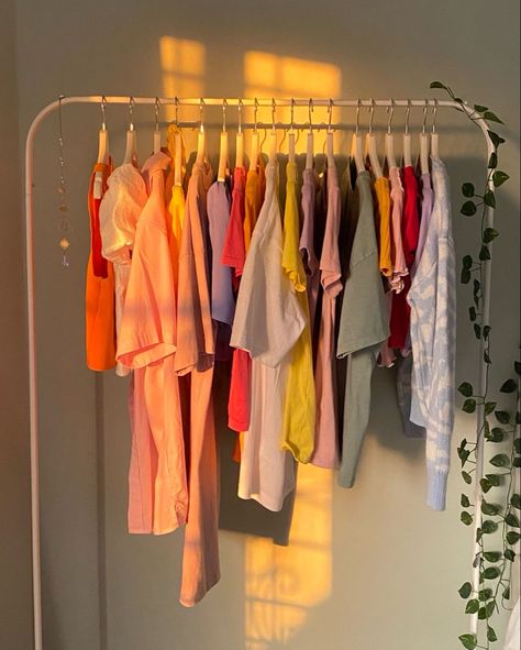 Clothes hanger color organized Standing Hanger Clothing Racks, Clothes On Rack Photography, Aesthetic Hanging Clothes, Twd Scenario, Bedroom Clothes Hanger, Bedroom Hangers Clothing Racks, Wardrobe Rack Aesthetic, Dress Hanger Stand Ideas, Dress Stand Clothing Racks