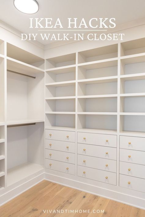 Our DIY walk-in closet turned out AMAZING with this built-in Ikea hack idea. Love this helpful step-by-step guide on Ikea hacks for a DIY closet - the exact tools and materials you need to re-create this yourself! Included how to paint the PAX wardrobe, closet design ideas, and custom PAX drawer faces tutorial! Diy Wood Closet System, Closet Feature Wall, Garage Walk In Closet, Functional Walk In Closet Ideas, Creating A Walk In Closet, Custom Closet Hack, 6 X 7 Walk In Closet, Ikea Walk In Closet Hack, Ikea Master Closet Walk In