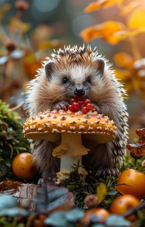 Cute little hedgehog sits in the autumn forest on mushroom and eats red berries. royalty free stock image Woodland Photos, Winter Hedgehog, Hedgehog Photography, European Hedgehog, Fall Hedgehog, Hedgehog Pictures, Vector House, Autumn Animals, A Hedgehog