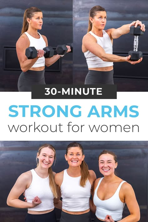 Build defined, strong arms at home with this effective upper body workout. Each circuit pairs two isolated exercises with a compound exercise to build strength and definition in the arms, chest and back. This workout for strong arms requires just a set of dumbbells and can be done entirely at home in around 30 minutes. Arms Back And Shoulders Workout, Arm And Shoulder Workout Women At Home, Arm Definition Workout For Women, Arms Circuit Workout, Upper Body Workout At Home Dumbbell Women, Hand Weight Exercises For Women, Upper Body Workout At Home For Beginners, Total Arm Workout For Women, Defined Arms Workout