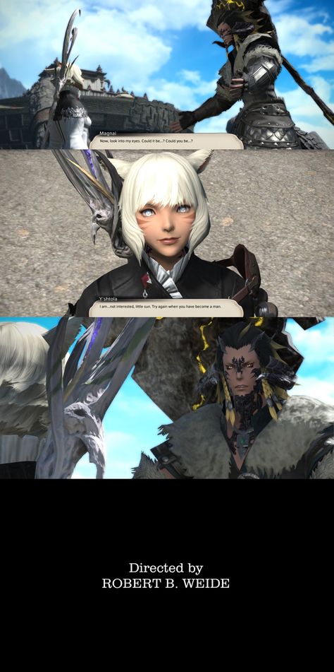 Final Fantasy XIV
Y'shtola straight up rejects Magnai
Directed by Robert B. Weide Realm Reborn, Literary Characters, Square Enix, Final Fantasy Xiv, Funny Video, Cool Suits, Screen Shot, Final Fantasy, Funny Stuff