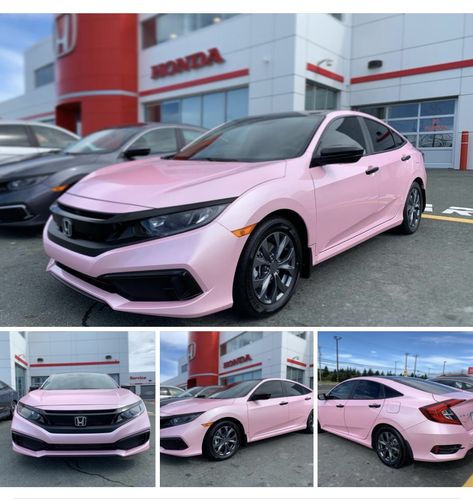 Pink Honda Hatchback, Honda Civic Wrapped, Pink Honda Civic Hatchback, Light Pink Wrapped Car, Honda Civic Pink Interior, Honda Civic Wrap, Wrapped Honda Civic, Light Pink Car Wrap, Pink Honda Accord