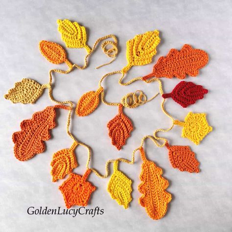 Crochet Fall Leaves Garland Crochet Fall Leaves Garland, Free Crochet Leaves Pattern, Crochet Autumn Leaves, Flower Crochet Garland, Fall Crochet Garland, Crochet Leaves Garland, Crochet Leaf Garland Free Pattern, Crochet Garland Ideas, Crochet Garland Pattern Free