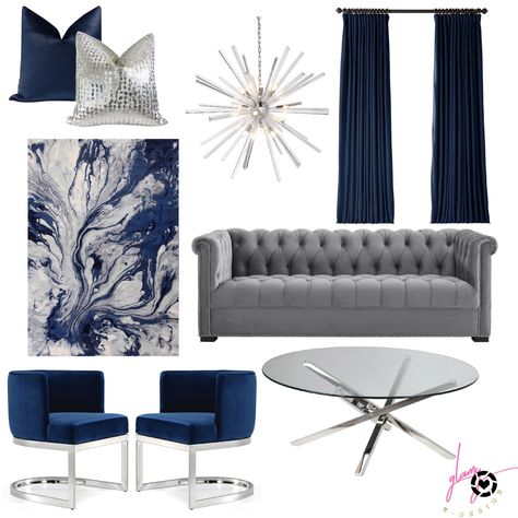 Checkout this beautiful Navy Blue and Grey Glam Living Room! It is everything you need for you home and I have made it easy for you by linking all of the items to this design (thank me later lol) http://liketk.it/2P1Wx #liketkit @liketoknow.it Navy Blue And Gray Home Decor, Living Room Decor Navy And Grey, Navy Blue And Gray Living Room Decor Area Rugs, Gray And Blue Living Room Ideas Modern, Navy Silver Living Room, Gray And Navy Blue Living Room Ideas, Home Decor Ideas Living Room Modern Grey And Blue, Blue And Grey House Decor, Navy Blue And Silver Home Decor