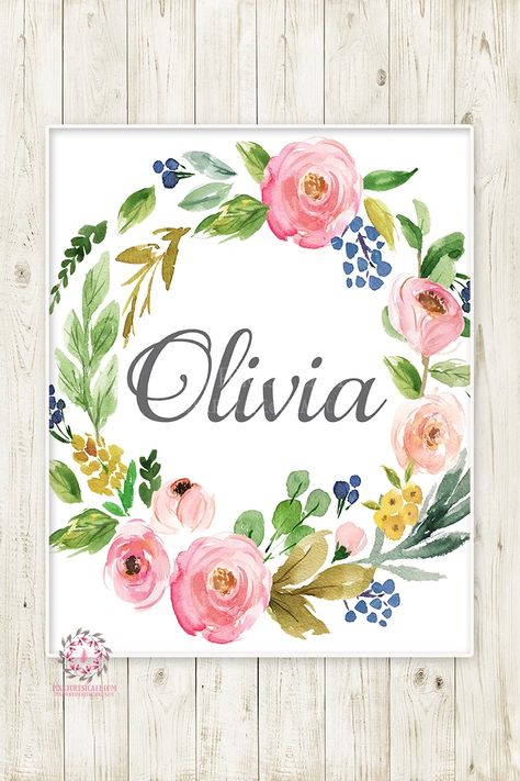 Baby Name Monogram Initial Personalized Wall Art Print Initials Birth – Pink Forest Cafe Baby Girl Personalized Gift Print Nursery Art Custom Girl's Name Sign Canvas Painting, Name Art Painting, Name Decoration Ideas Drawing, Name Painting Ideas, Floral Baby Nursery, Birth Announcement Gifts, Name Paintings, Watercolor Monogram, Name Canvas