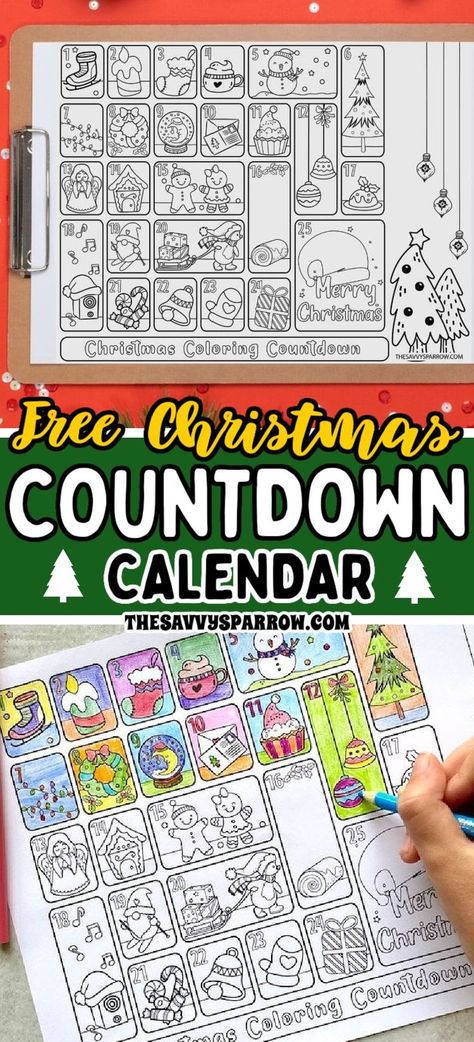 Looking for cute Christmas coloring pages for kids to color this holiday? Print this free printable Christmas countdown calendar and let your kids color in one square for each day leading up to Christmas... kind of like a free printable advent calendar to color! Fun Christmas activity for kids! School Advent Calendar Ideas, Christmas Countdown Coloring Pages, Free Printable Christmas Countdown, Advent Calendar For Classroom, Christmas Advent Calendar Printable, Printable Advent Calendar For Kids, Nativity Advent Calendar Ideas Diy, Coloring Advent Calendar, Free Advent Printables For Kids